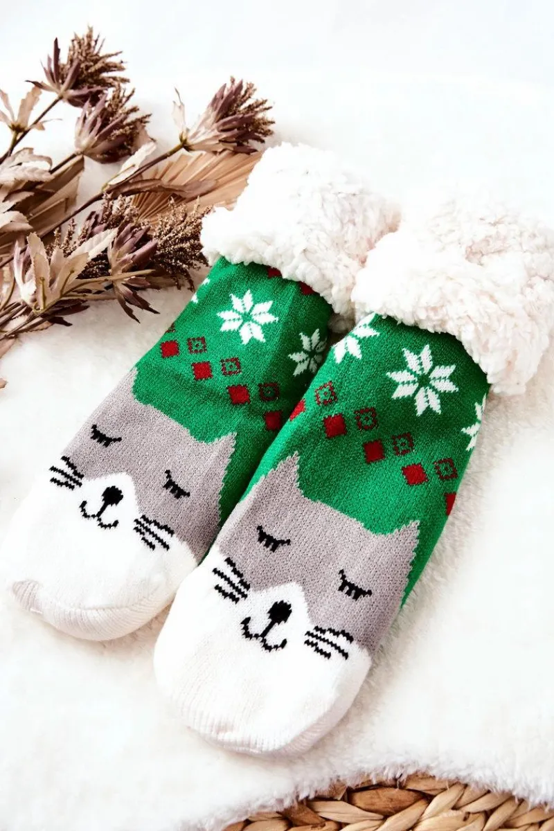 Discount Długie Skarpetki Świąteczny Wzór Kot Zielone Skarpetki|Skarpetki