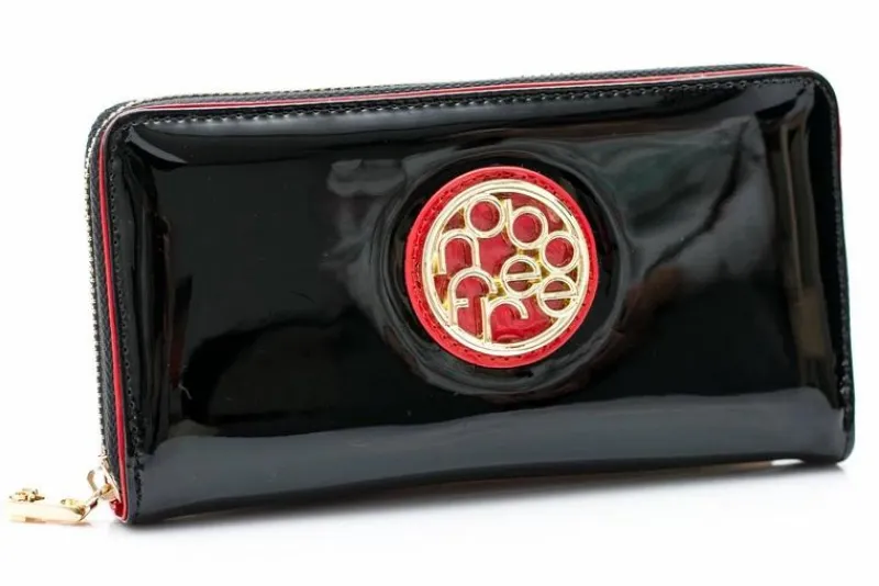 Discount Duży Damski Czarny Lakierowany Portfel Czerwień Portfele