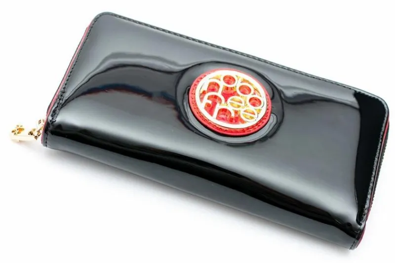 Discount Duży Damski Czarny Lakierowany Portfel Czerwień Portfele