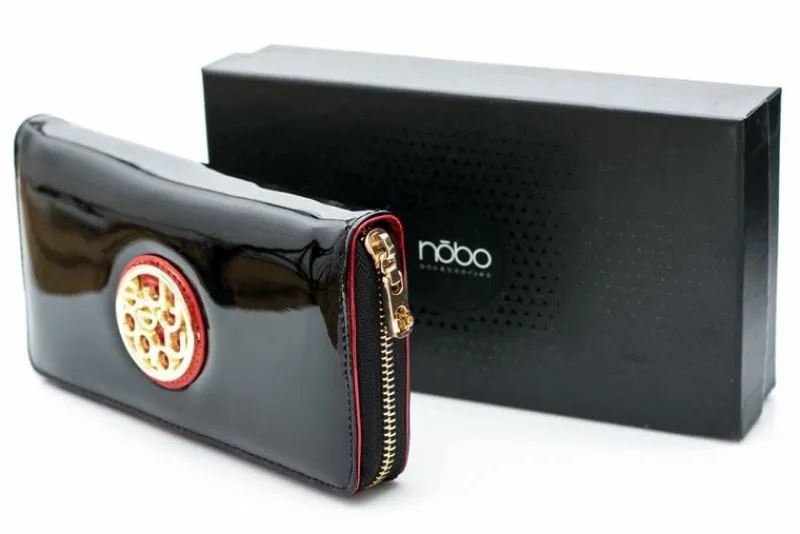 Discount Duży Damski Czarny Lakierowany Portfel Czerwień Portfele