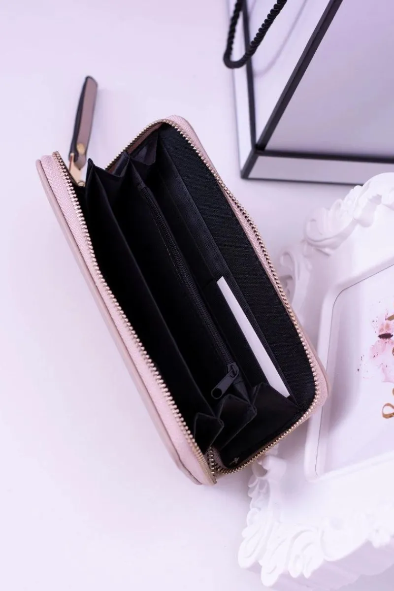 Best Duży Damski Prążkowany Beżowy Portfel Złote Okucia Portfele