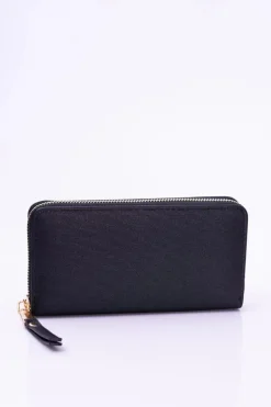 Sale Duży Damski Prążkowany Czarny Portfel Złote Okucia Portfele