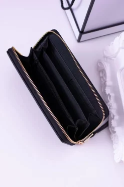 Sale Duży Damski Prążkowany Czarny Portfel Złote Okucia Portfele