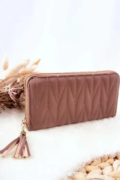 Boto Duży Portfel Pikowany Na Suwak Z Paseczkiem Cappucino