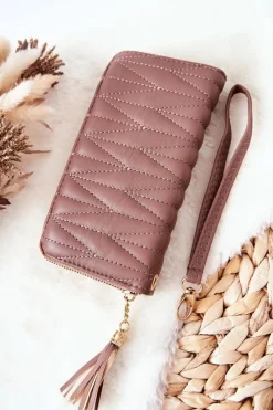 Boto Duży Portfel Pikowany Na Suwak Z Paseczkiem Cappucino