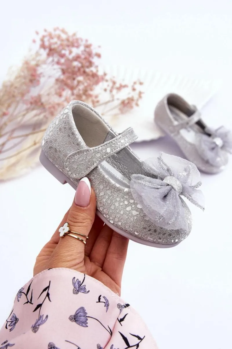Best Dziecięce Balerinki Z Kokardą I Brokatem Na Rzep Srebrno-Szare Elisa Dzieci Balerinki Dziecięce