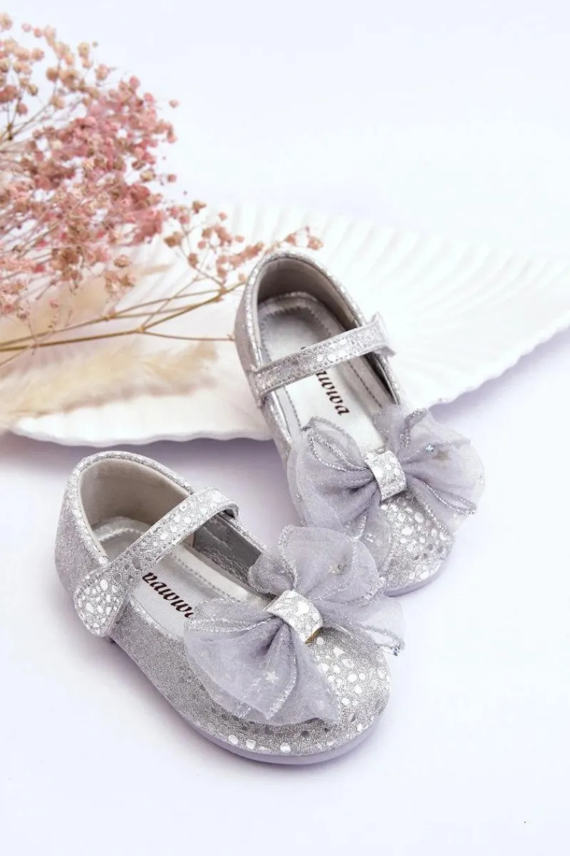 Best Dziecięce Balerinki Z Kokardą I Brokatem Na Rzep Srebrno-Szare Elisa Dzieci Balerinki Dziecięce