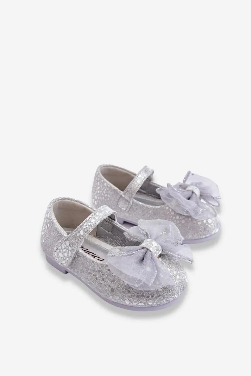 Best Dziecięce Balerinki Z Kokardą I Brokatem Na Rzep Srebrno-Szare Elisa Dzieci Balerinki Dziecięce