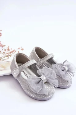 Best Dziecięce Balerinki Z Kokardą I Brokatem Na Rzep Srebrno-Szare Elisa Dzieci Balerinki Dziecięce