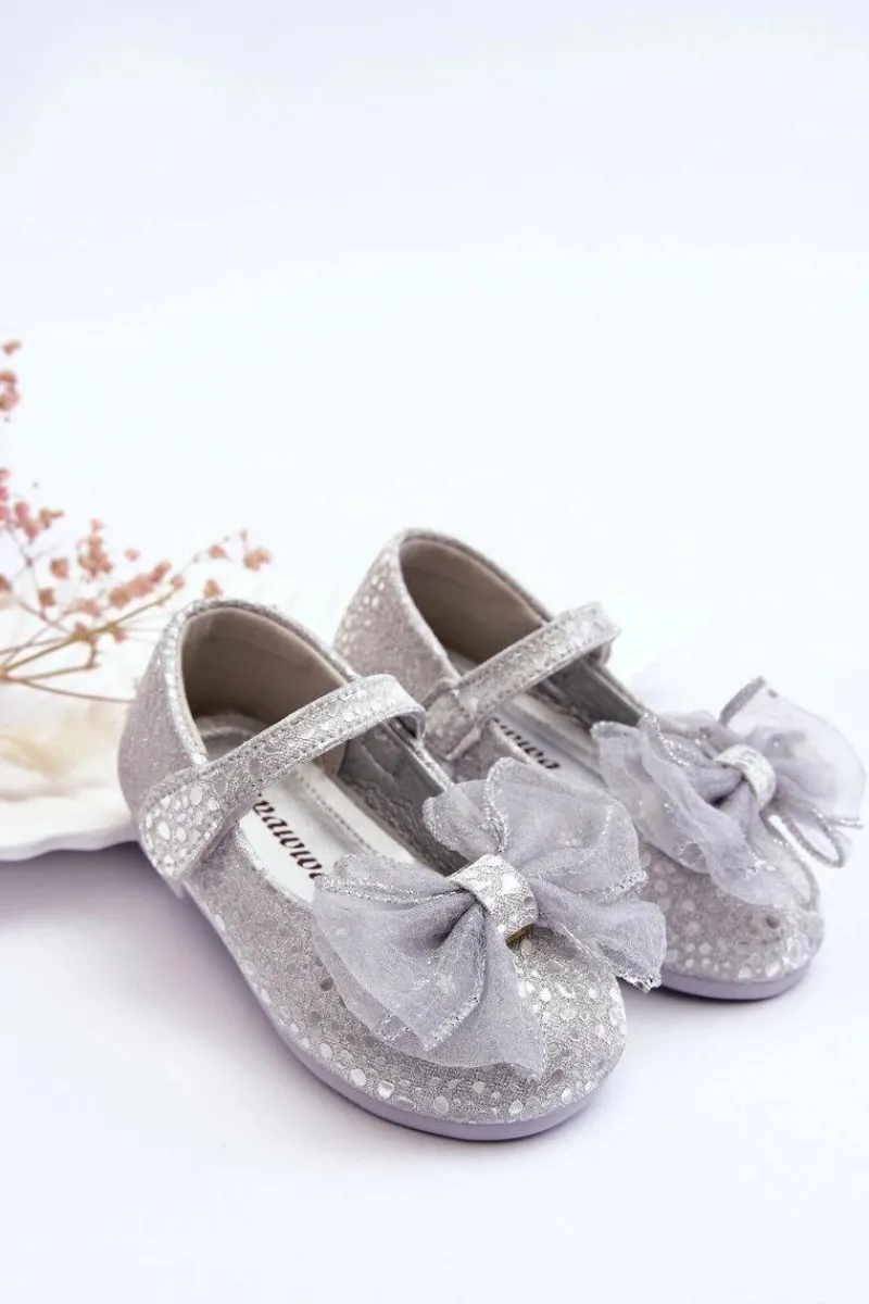 Best Dziecięce Balerinki Z Kokardą I Brokatem Na Rzep Srebrno-Szare Elisa Dzieci Balerinki Dziecięce