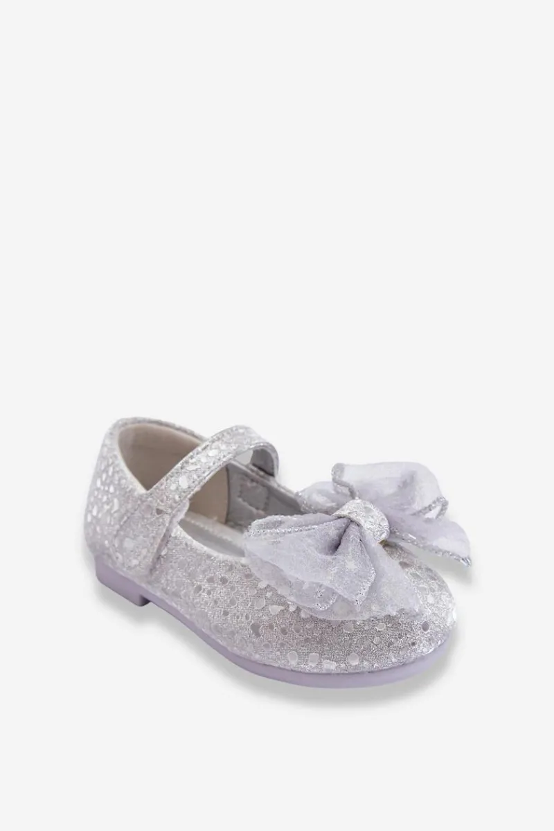 Best Dziecięce Balerinki Z Kokardą I Brokatem Na Rzep Srebrno-Szare Elisa Dzieci Balerinki Dziecięce