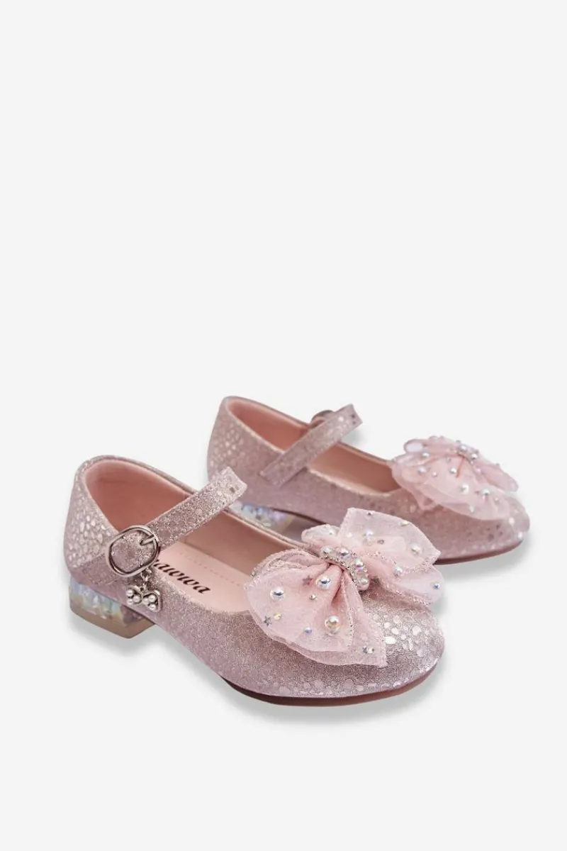 Clearance Boto Dziecięce Balerinki Z Kokardą Na Rzep Srebrno-Różowe Nicola