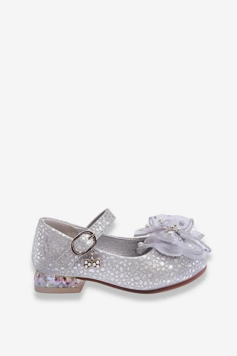 Balerinki Dziecięce>Boto Dziecięce Balerinki Z Kokardą Na Rzep Srebrno-Szare Nicola