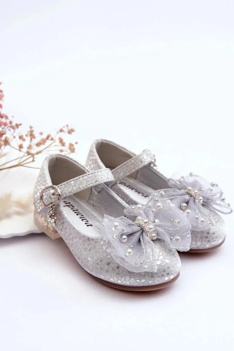 Balerinki Dziecięce>Boto Dziecięce Balerinki Z Kokardą Na Rzep Srebrno-Szare Nicola