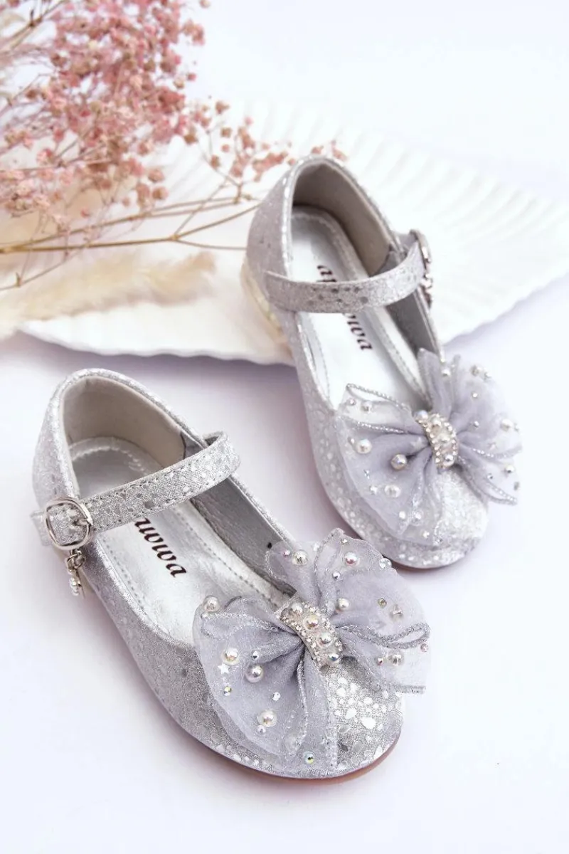 Balerinki Dziecięce>Boto Dziecięce Balerinki Z Kokardą Na Rzep Srebrno-Szare Nicola