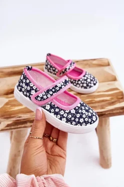 New Dziecięce Baleriny Na Rzep W Print Granatowo-Różowe Selah Dzieci Balerinki Dziecięce