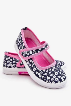 New Dziecięce Baleriny Na Rzep W Print Granatowo-Różowe Selah Dzieci Balerinki Dziecięce