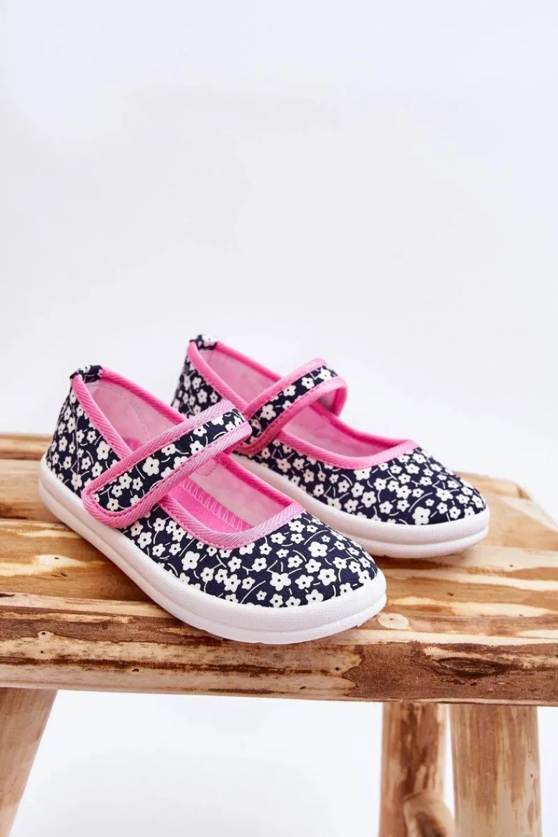 New Dziecięce Baleriny Na Rzep W Print Granatowo-Różowe Selah Dzieci Balerinki Dziecięce