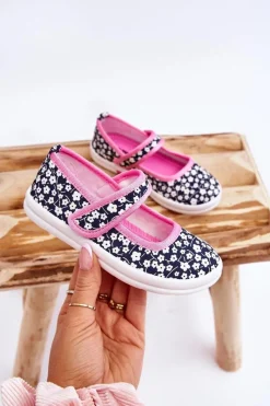 New Dziecięce Baleriny Na Rzep W Print Granatowo-Różowe Selah Dzieci Balerinki Dziecięce