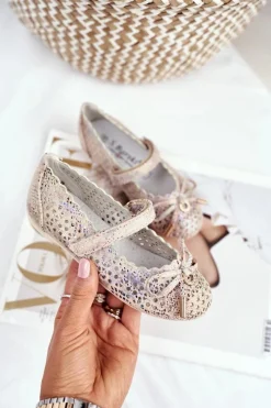 Best Damskie buty S.Barski Dziecięce Beżowe Ażurowe Balerinki na Rzep Barski Remtro