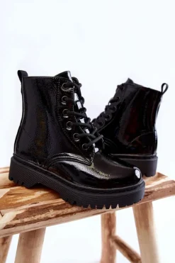 Outlet Dziecięce Botki Lakierowane Z Suwakiem Czarne Julie Dzieci Dziewczęce