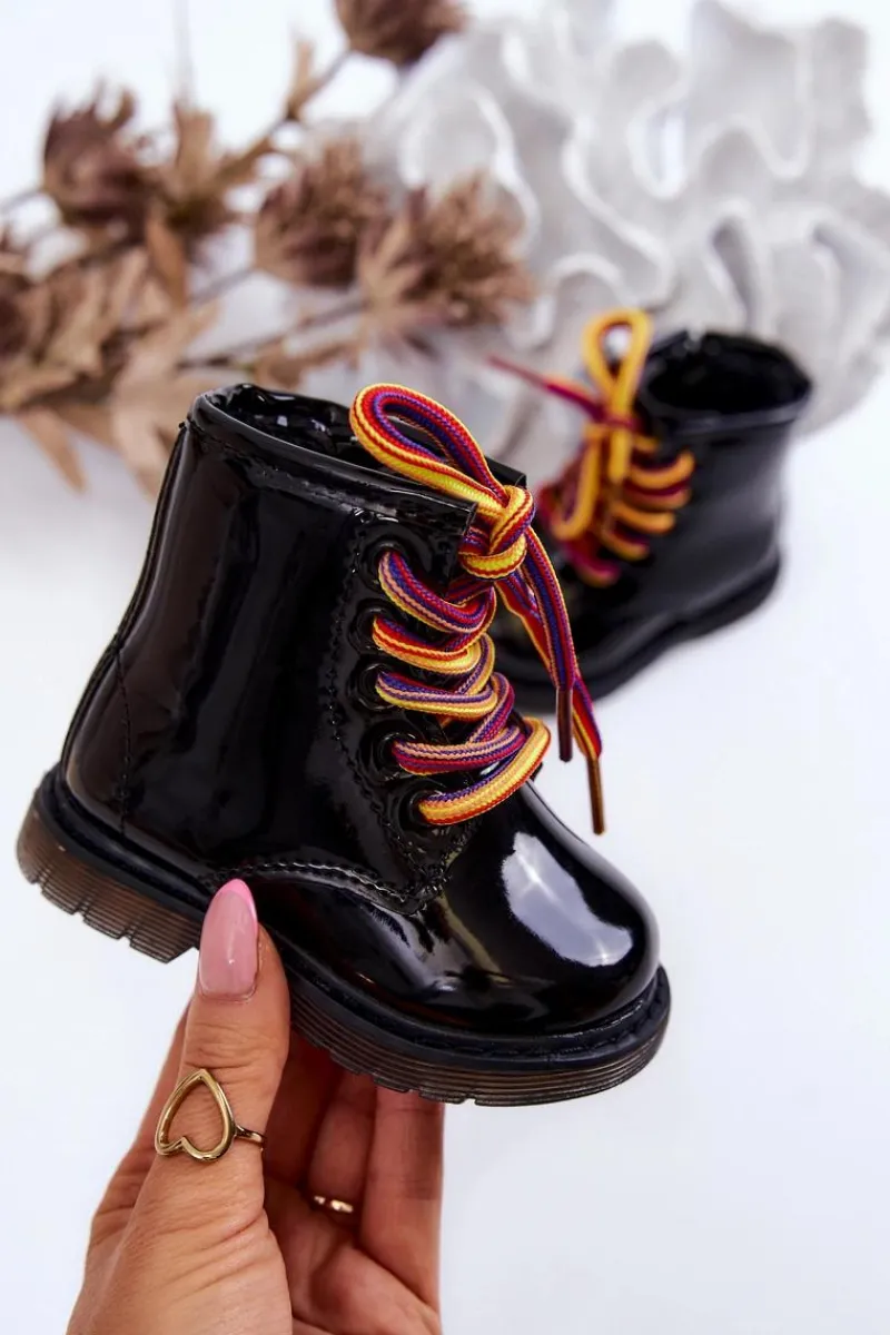 Dziecięce Botki Lakierowane Z Suwakiem Czarne Tibbie - Kolorowe Sznurówki Dzieci Dziewczęce
