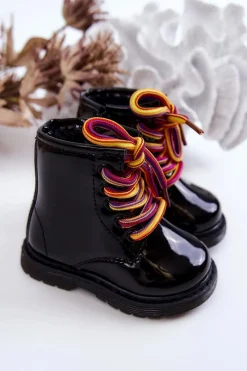 Dziecięce Botki Lakierowane Z Suwakiem Czarne Tibbie - Kolorowe Sznurówki Dzieci Dziewczęce