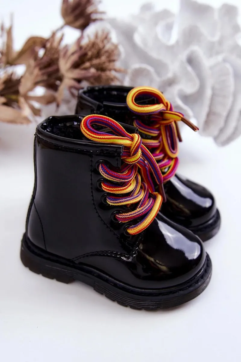 Dziecięce Botki Lakierowane Z Suwakiem Czarne Tibbie - Kolorowe Sznurówki Dzieci Dziewczęce