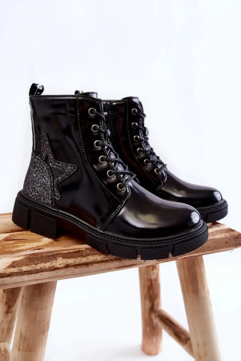 Dziecięce Botki Lakierowane Z Suwakiem Czarne Yukko Dzieci Dziewczęce