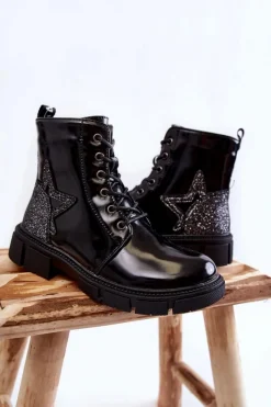 Dziecięce Botki Lakierowane Z Suwakiem Czarne Yukko Dzieci Dziewczęce