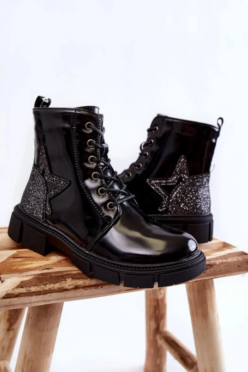 Dziecięce Botki Lakierowane Z Suwakiem Czarne Yukko Dzieci Dziewczęce