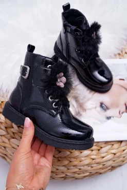 Dziecięce Botki Lakierowane Czarne Joney Dzieci Dziewczęce