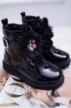 Dziecięce Botki Lakierowane Czarne Joney Dzieci Dziewczęce