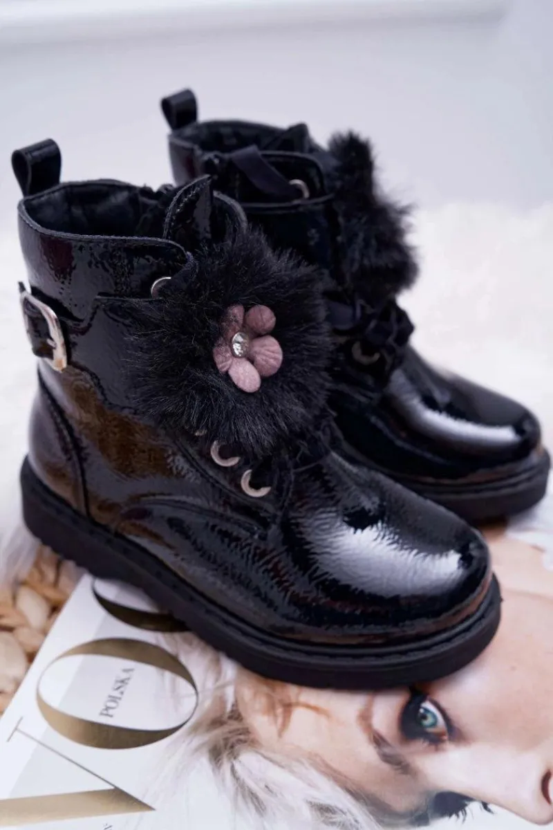 Dziecięce Botki Lakierowane Czarne Joney Dzieci Dziewczęce