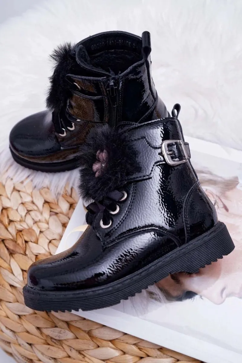 Dziecięce Botki Lakierowane Czarne Joney Dzieci Dziewczęce