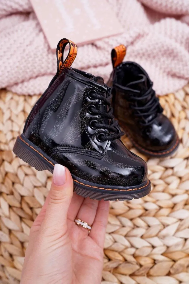 Dziecięce Botki Lakierowane z Suwakiem Czarne Omua Dzieci Chłopięce|Dziewczęce