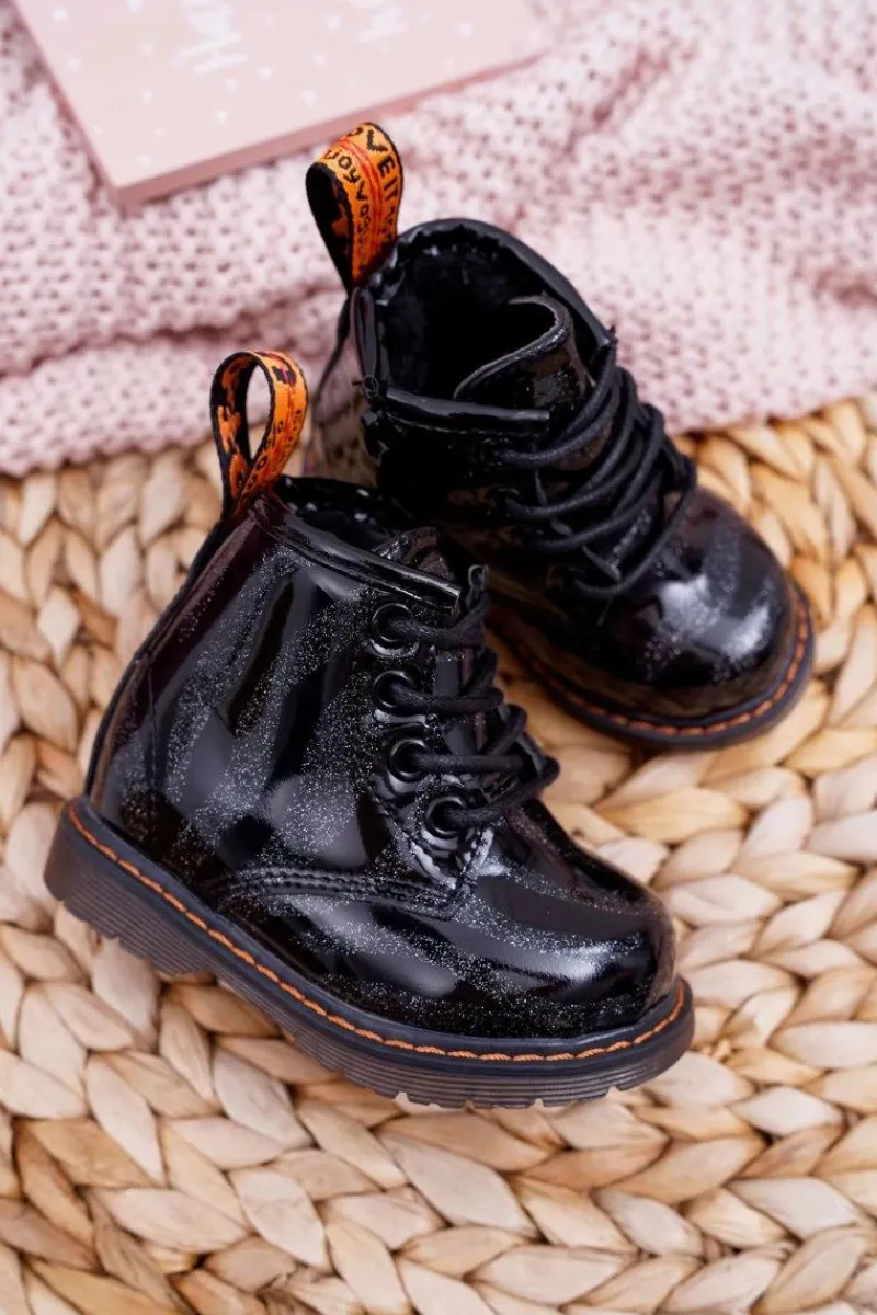 Dziecięce Botki Lakierowane z Suwakiem Czarne Omua Dzieci Chłopięce|Dziewczęce