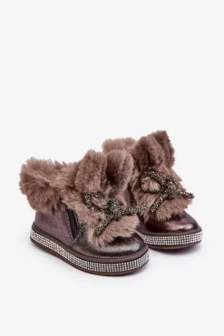 Boto Dziecięce Botki Śniegowce Na Suwak Z Futerkiem Brązowe Hanija