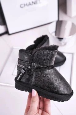 Outlet Boto Dziecięce Botki Śniegowce Ocieplane Czarne Let It Snow