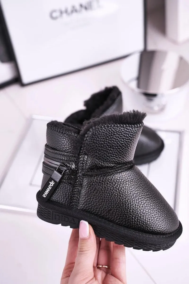 Outlet Boto Dziecięce Botki Śniegowce Ocieplane Czarne Let It Snow