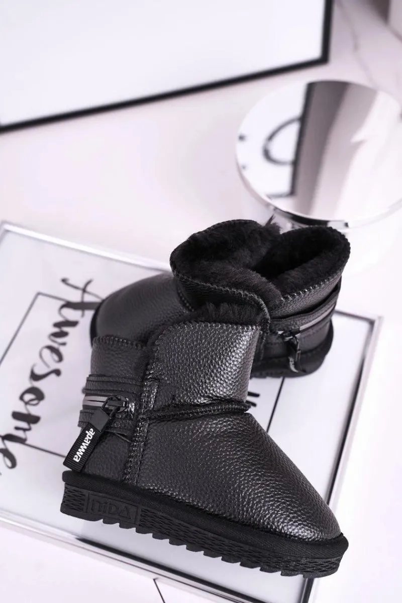 Outlet Boto Dziecięce Botki Śniegowce Ocieplane Czarne Let It Snow