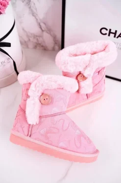 Sale Boto Dziecięce Botki Śniegowce Z Futerkiem I Guzikiem Różowe Kawai
