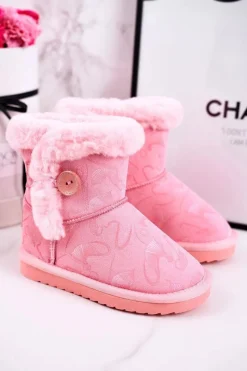 Sale Boto Dziecięce Botki Śniegowce Z Futerkiem I Guzikiem Różowe Kawai