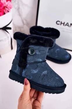 Sale Boto Dziecięce Botki Śniegowce Z Futerkiem I Guzikiem Granatowe Kawai