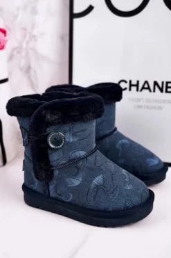 Sale Boto Dziecięce Botki Śniegowce Z Futerkiem I Guzikiem Granatowe Kawai