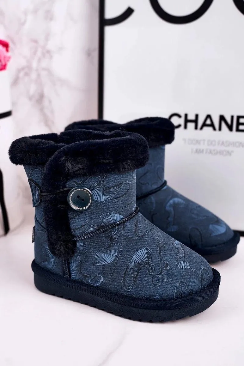 Sale Boto Dziecięce Botki Śniegowce Z Futerkiem I Guzikiem Granatowe Kawai