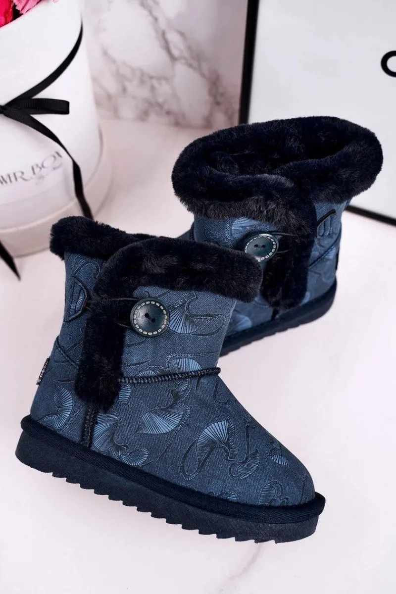 Sale Boto Dziecięce Botki Śniegowce Z Futerkiem I Guzikiem Granatowe Kawai