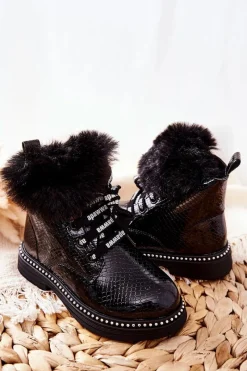 Dziewczęce>Boto Dziecięce Botki Ocieplane Z Futerkiem Czarne Rosea