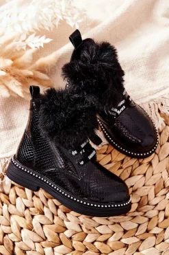 Dziewczęce>Boto Dziecięce Botki Ocieplane Z Futerkiem Czarne Rosea