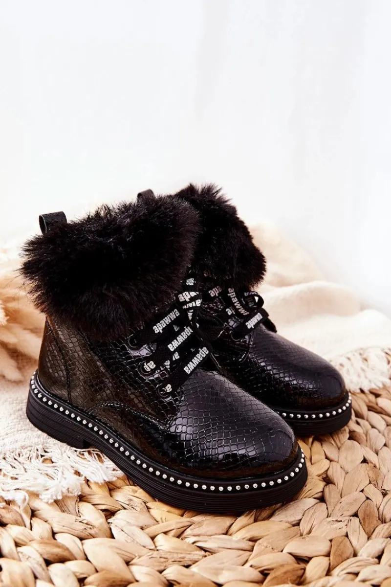 Dziewczęce>Boto Dziecięce Botki Ocieplane Z Futerkiem Czarne Rosea